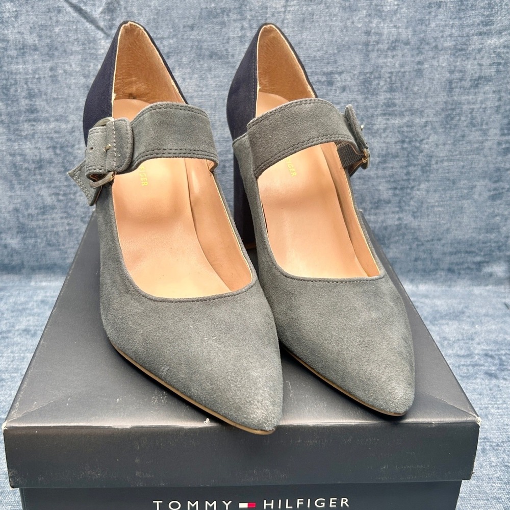 Tommy Hilfiger Mary Jane Pumps Women 9M Grey Navy Excellent Suede Block Heel